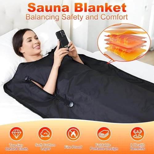 Yamxun - Woman lying on bed using phone inside black sauna blanket with layered construction diagram inset showing heating la