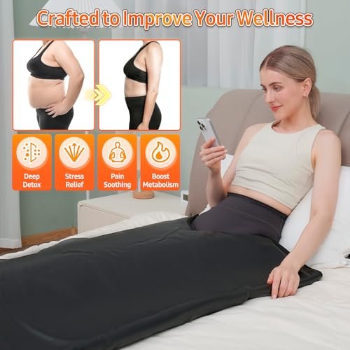 Yamxun - Woman relaxing with eyes closed in black sauna blanket with timer countdown graphic and temperature zone benefit cha